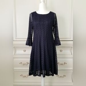 Roz And Ali Blue Crochet Lace 3/4 Bell Sleeve Knee Length Lined Dress 6 NWT